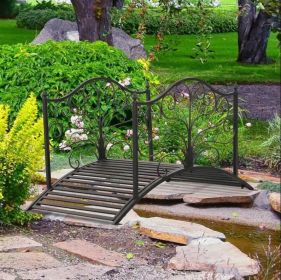 4' Metal Arch Backyard Garden Bridge with Safety Siderails, Delicate Scrollwork,  Easy Assembly, Black Bronze