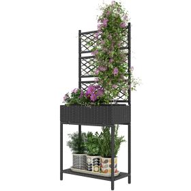 Outdoor Freestanding Rattan Garden Box with Trellis and Storage Shelf