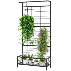 Metal Tall Plant Stand with Trellis and Hanging Bar for Indoor Outdoor Use