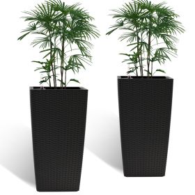 Black square faux rattan planters with automatic watering system
