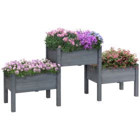3-Tier Elevated Wooden Garden Bed, Grey, Freestanding for Herbs & Flowers