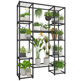Large Black Metal Plant Stand with Hanging Rack for Indoor & Outdoor Use