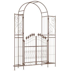 7' metal garden arbor with gate, fleur-de-lis design, latch doors & planter shelves—ideal for vines, weddings, parties, and backyards.