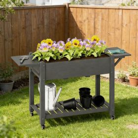 Wood Planter Box Lockable Wheels, Side Tables, Bottom Shelf, Drain Holes, Gray