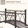 3.3' metal garden bridge with arch, siderails, scrollwork, and corner spheres, decorative Zen footbridge for streams, ponds, and garden paths.