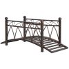 3.3' metal garden bridge with arch, siderails, scrollwork, and corner spheres, decorative Zen footbridge for streams, ponds, and garden paths.