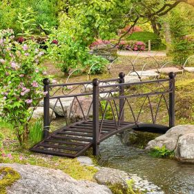 3.3' metal garden bridge with arch, siderails, scrollwork, and corner spheres, decorative Zen footbridge for streams, ponds, and garden paths.