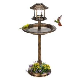 Plastic Round Birdbath with Solar Light, Bronze