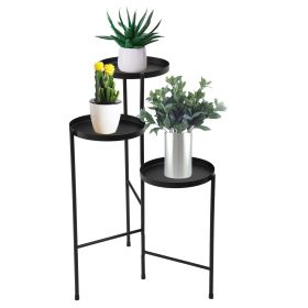 3 Tier Foldable Metal Plant Stand with Trays, Black XH