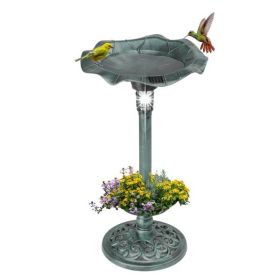 Outdoor Solar Lighted Pedestal Bird Bath , For The Garden or Yard, Green
