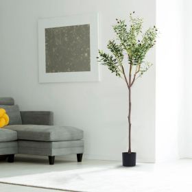 5.9 Ft Artificial Olive Tree With Lush Branches, Faux Olives, And Black Planter Pot For Modern Home, Office, Living Room, Shop, Or Café.