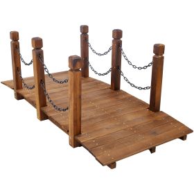 5 FT Wooden Garden Bridge, Stained Wood Arc Footbridge with Chain Railings for Backyard Creek Farm, Decorative Pond Bridge, Easy to Assemble (Bro