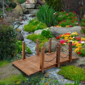 5 FT Wooden Garden Bridge, Stained Wood Arc Footbridge with Chain Railings for Backyard Creek Farm, Decorative Pond Bridge, Easy to Assemble (Brown)