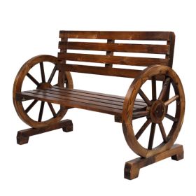 Rustic 2 Person Wooden Wagon Wheel Bench with Slatted Seat and Backrest, Brown