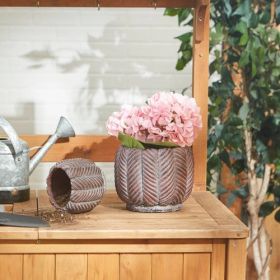 Decorative Cement Flower Pots with Leaf Design - Perfect for Indoor and Outdoor Gardening, Set of 2 (Color: Brown)