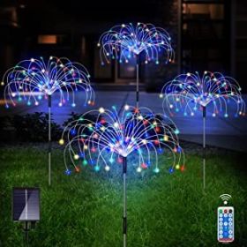 Outdoor Solar Lights  4 Pack 120 LED Copper Wire Waterproof Solar Garden Fireworks Lamp with Remote  8 Modes Decorative Sparkles Stake Landscape Light (Color: Colorful)