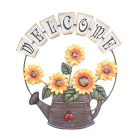 Iron Welcome Hanging Sign Metal Kettle Sunflower Outdoor Garden Wall Hanging Sign Villa Courtyard Decor (Color: Yellow)