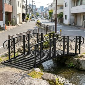 Metal Arch Garden Bridge with Safety Side Rails Vine Motifs 660 Lbs Capacity for Backyard Creek Stream Pond Easy Assembly (Color: Black)