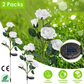 Solar Powered Lights Outdoor Rose Flower LED Decorative Lamp Water Resistant Pathway Stake Lights, 2Pcs (Color: White)