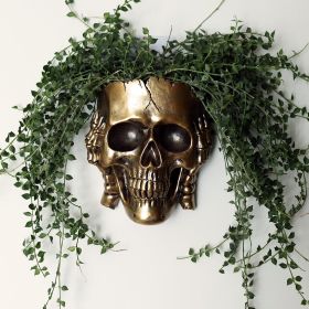 White Resin Hanging Gothic Skull Face Wall Planter For Indoor Or Outdoor Plants (Color: Don't Listen Gold)