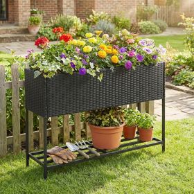 Raised Wicker Garden Bed with Storage Shelf and Removable Liner (Color: Black)