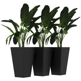 Rattan-Style Plastic Planters with Drainage Holes, Set of 3 - 24 Inch Height (Color: Black)