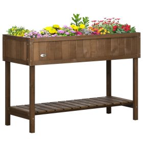 Elevated Wooden Planter Box with 8 Slots and Shelf for Garden Space Efficiency (Color: Dark Brown)