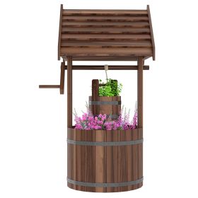 Wood Wishing Well for Outside w/Hanging Bucket with Drain Hole for Garden Patio (Color: Carbonized)