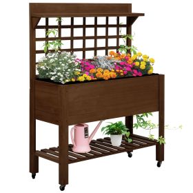 Raised Garden Bed with Wheels, Trellis, Storage Shelf, and Wooden Planter Box (Color: Dark Brown)