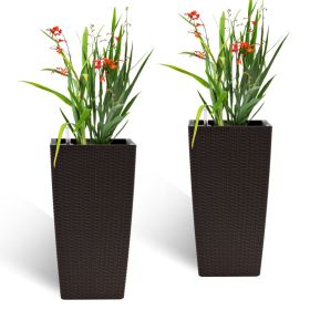 Square Faux Rattan Planters w/Automatic Watering System For Porch Patio Backyard (Color: Brown)